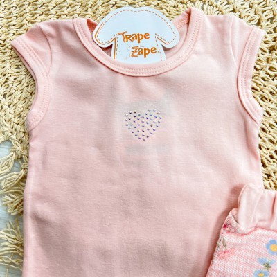 Conj. Body Coração Strass e Saia Floral - Pêssego 